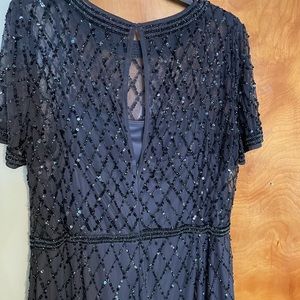 Adrianna Pappell Sequined Gown, size 20w altered to 18w.  Slate blue, Hi low hem